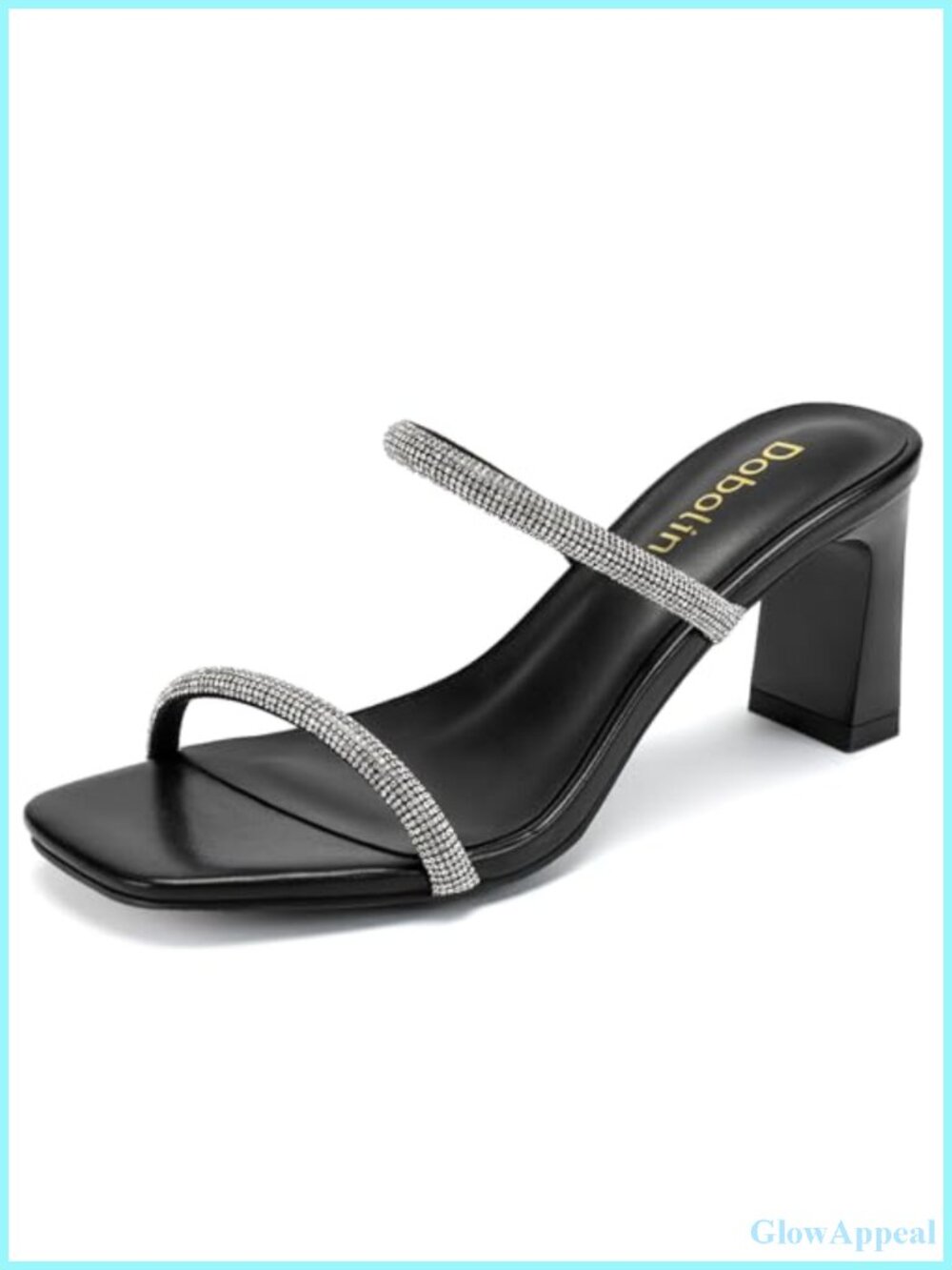 Rhinestone Block Heel Sandals Square Toe Two Strap Mules Slip On